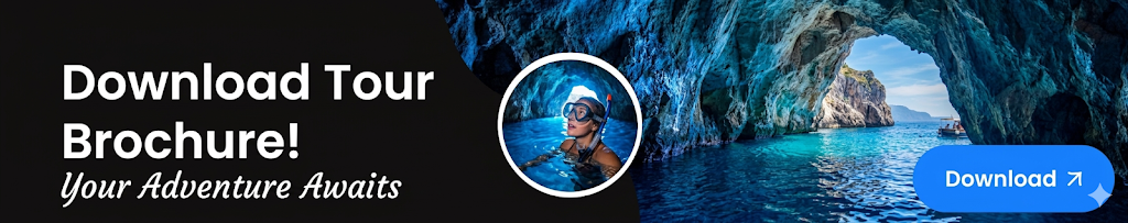 Kotor speedboat tour booking brochure for Blue Cave and Mirista Beach