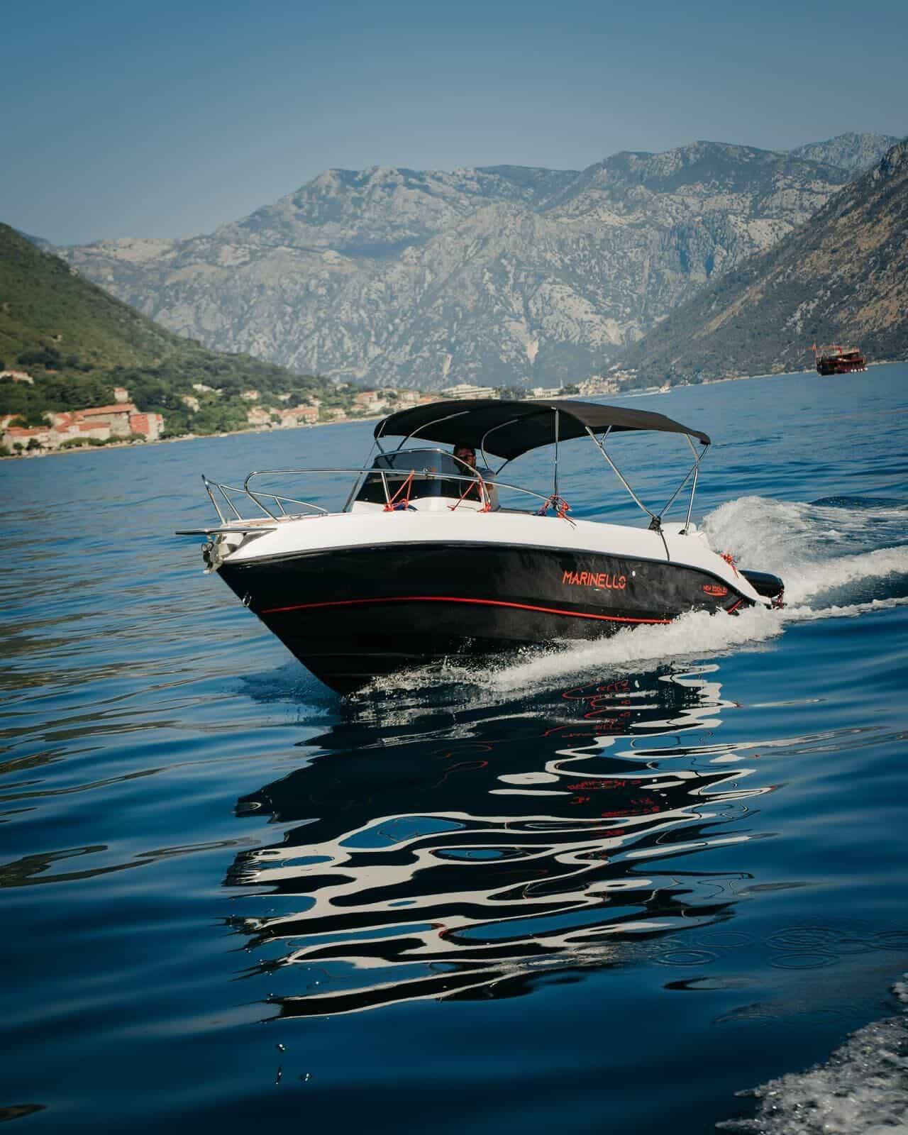Kotor speedboat tour view across Boka Bay Montenegro